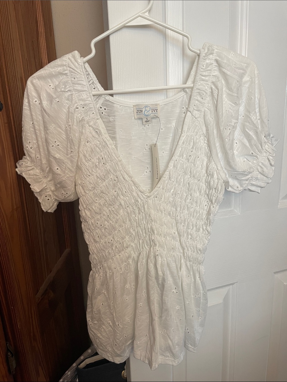 Jun & Ivy White Eyelet Smocked V-Neck Blouse